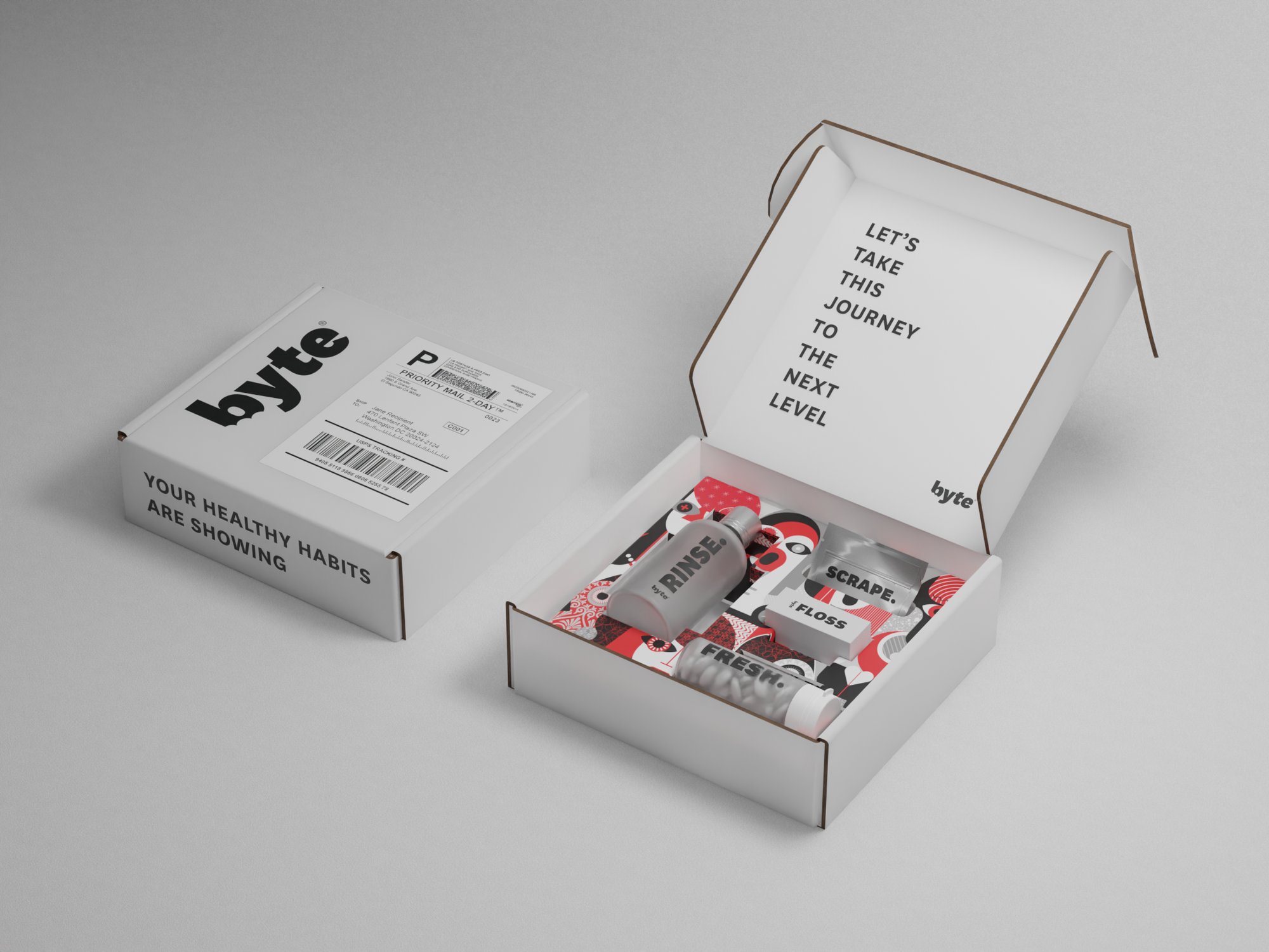 Open black healthy habits box showing oversized white byte wordmark and oral-care products inside