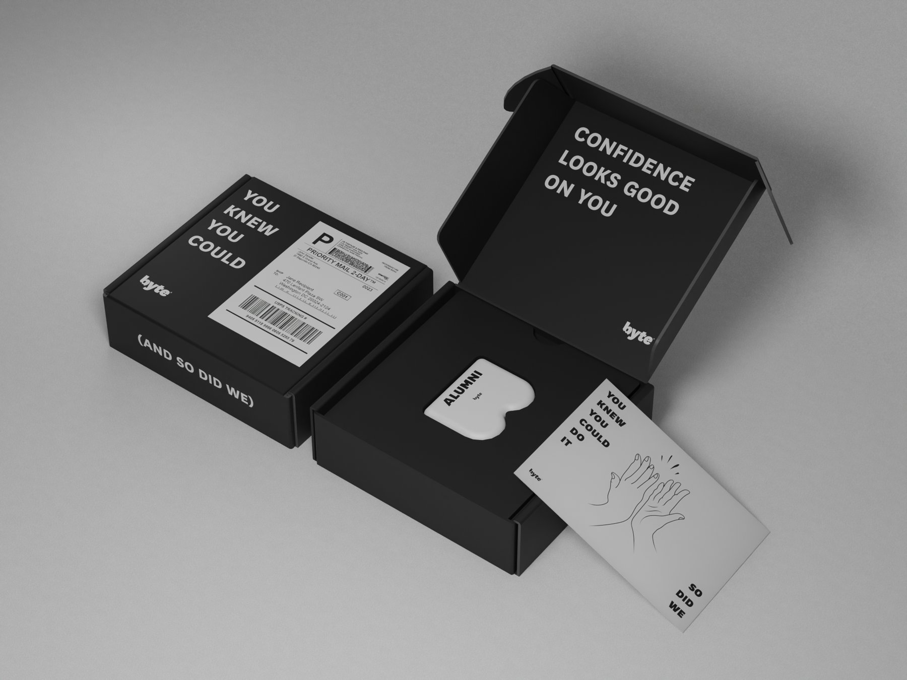 byte kit products on wood — tongue scraper, floss, and rinse bottles
